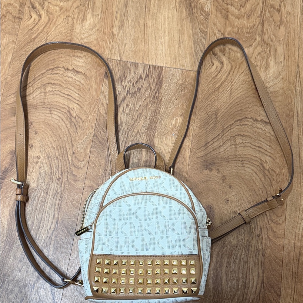Michael Kors Cream & Tan MK Logo Studded Mini Backpack